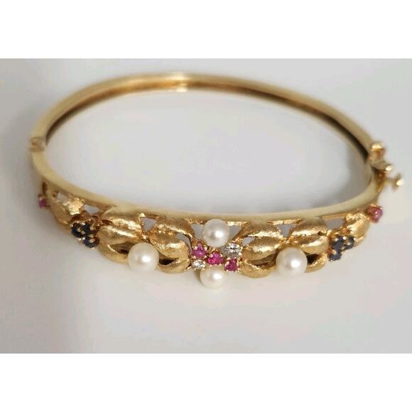 Antique 14k Yellow Gold Diamond,Pearls,Ruby &Sapphire Bangle Bracelets - Picture 8 of 16